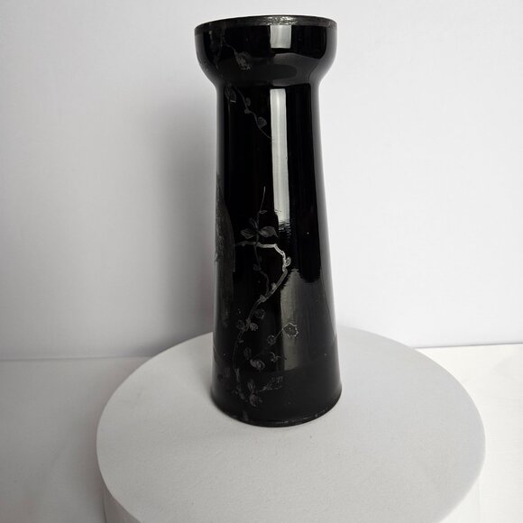 Czechoslovakian Pottery Vase Black Hand-Etched Bird Motif Gloss Finish 6.5"t - Picture 2 of 16